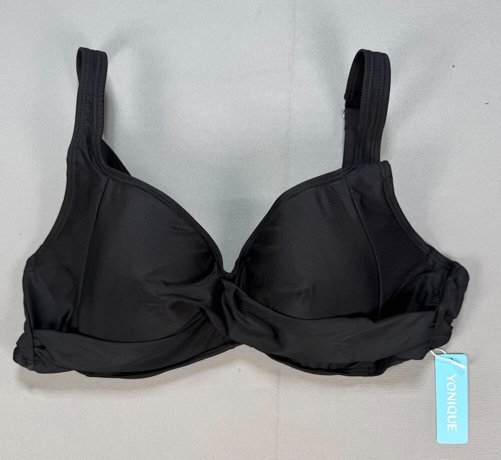 NWT Yonique Swimsuit Top Womens Black Twist Bikini Top Size XL Push Up